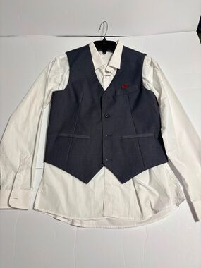 LPA Charcoal Gray Men's Dress Vest with White Shirt and Red Pocket Square